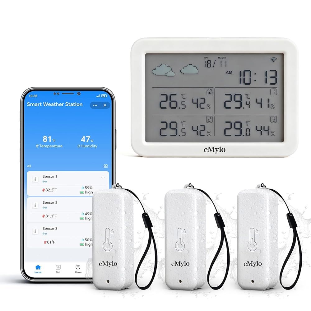 eMylo WiFi 습도계 온도계 4팩, 3개의 IP65 무선 센서 실외 키트, 앱 알림, 무료 데이터 저장 내보내기 기능이 있는 스마트 디지털 실내 온도 습도 모니터 426Ft - 상품 이미지