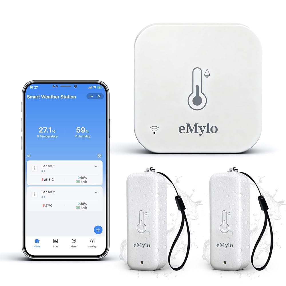 eMylo WiFi 습도계 온도계(2개 센서 포함), IP65 실내 무선 스마트 온도 습도 모니터(앱 알림 기능 492피트 모니터링 범위, 가정, 방, 온실용 - 상품 이미지