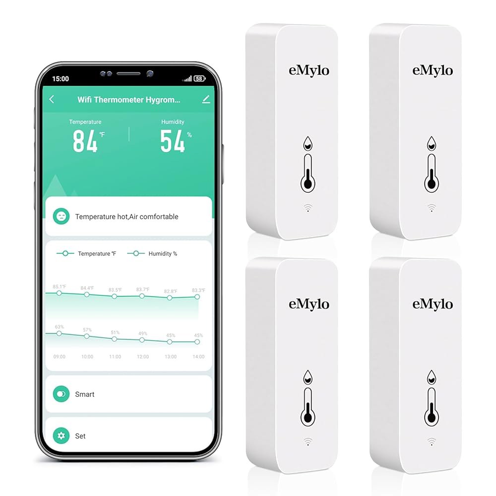 WiFi 온도계 습도계, 앱 알림 기능이 있는 무선 실내 온도 센서, 무료 데이터 저장 내보내기, 가정용 온실용 스마트 습도계 모니터, Alexa와 호환, 4 PCS(배터리 포함) - 상품 이미지