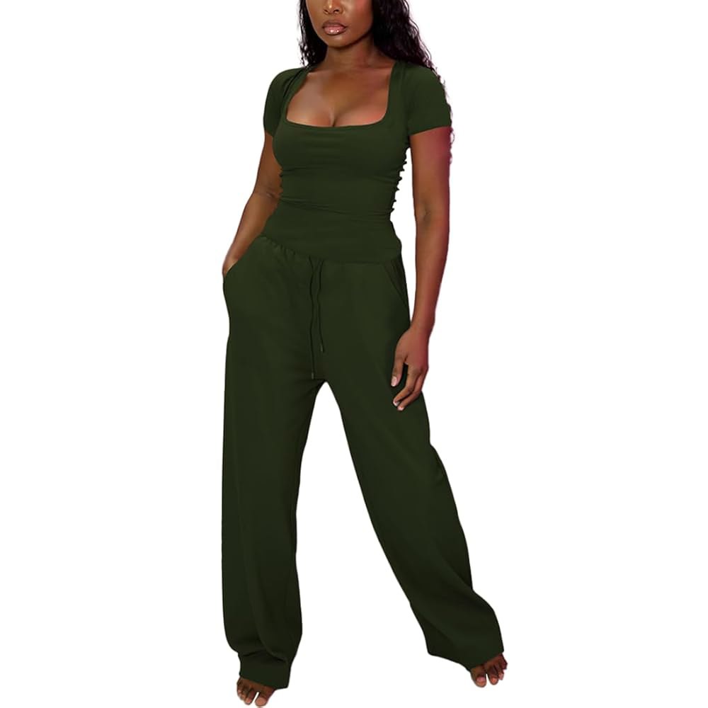 의상 스퀘어넥 반소매 상의 와이드 아미 XXL 레그 트랙수트 라운지 세트, 그린., 팬츠 Army Green Small - 상세 이미지 2