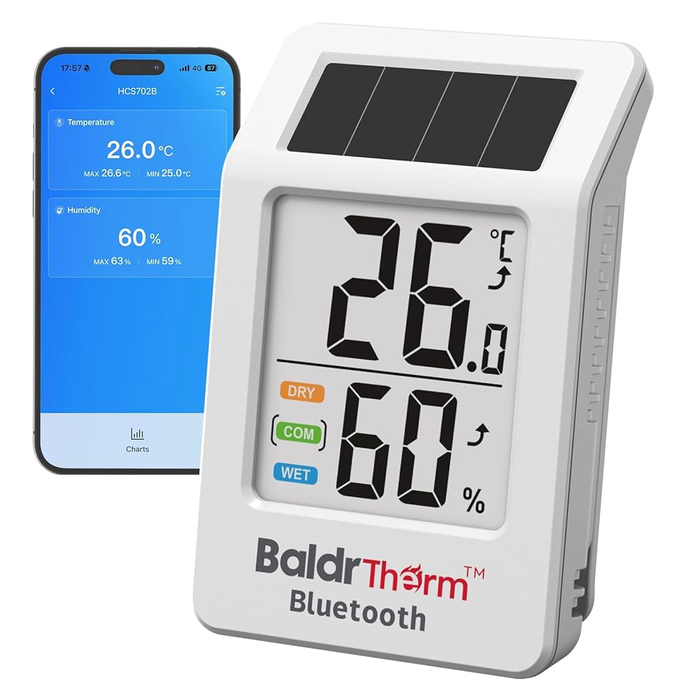 BaldrTherm 블루투스 온도계 무선, 앱 제어 기능이 있는 스마트 온도계, 200피트 커버리지, 오프라인 스토리지, 트렌드 차트, 가정용 실시간 알림, 펫 케이지, 실내/외 - 상품 이미지