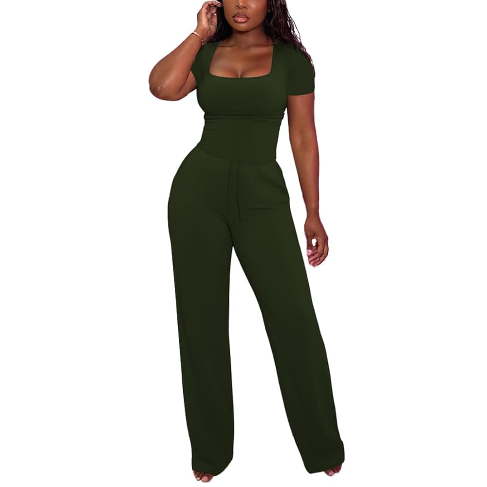 의상 스퀘어넥 반소매 상의 와이드 아미 XXL 레그 트랙수트 라운지 세트, 그린., 팬츠 Army Green Small - 상품 이미지