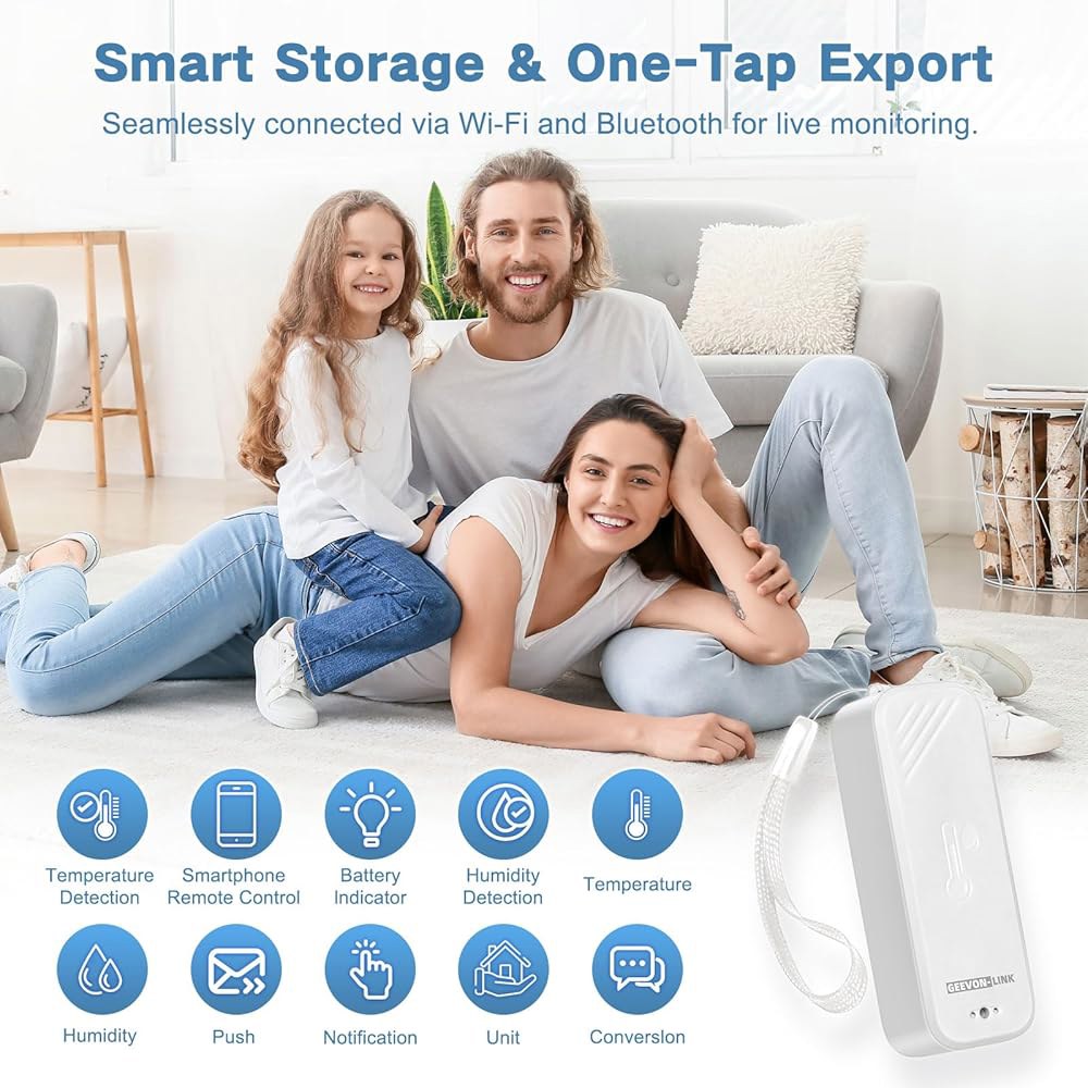 GEVON-LINK WiFi 온도계 습도계, 앱 알림 기능이 있는 스마트 습도 온도 센서, 무료 데이터 저장소 내보내기, 객실 온실 인큐베이터 와인 저장고용 무선 원격 모니터 - 상세 이미지 2