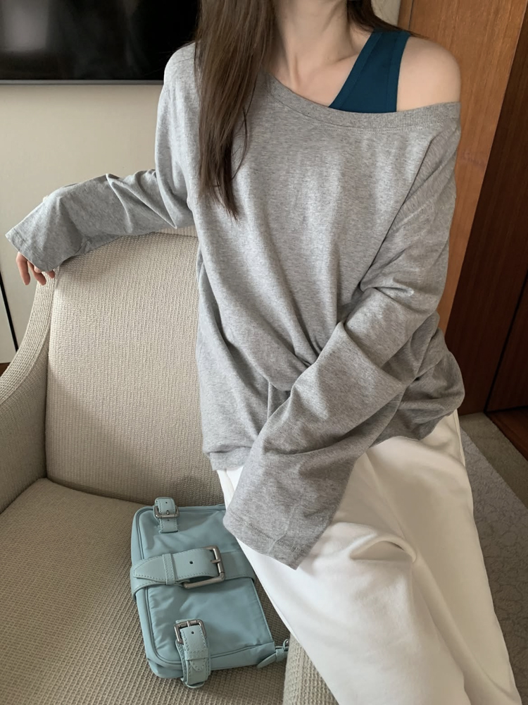 루즈핏 언발 레이어드 오프숄더 티셔츠 봄 코튼 여성 티셔츠 롱티 - 상세 이미지 4