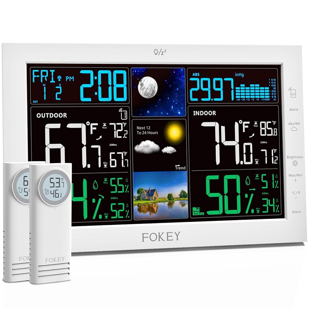 FOKEY 기상 관측소 무선 실내 실외, 실외 온도계 무선, 가정용 원자 시계 관측소, 외부 내부 온도 습도 기압계, 센서 2개가 있는 흰색 Black with 1 Sensor - 상품 이미지