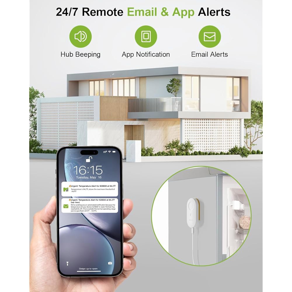 MCOREO WiFi 냉장고 온도계 디지털 냉동고 알람, 원격 이메일 및 앱 알림, 2년 데이터 로깅, 구독 없음, 냉장고, 냉동고, 온수 욕조용 스마트 온도 센서 2개 - 상세 이미지 2
