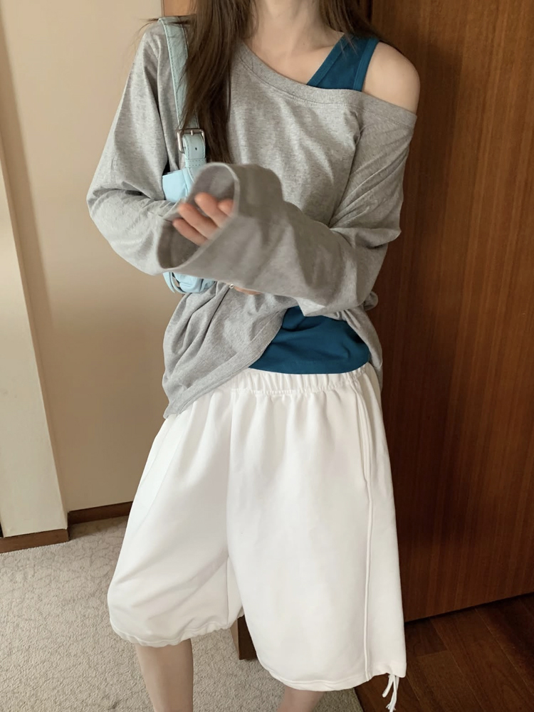 루즈핏 언발 레이어드 오프숄더 티셔츠 봄 코튼 여성 티셔츠 롱티 - 상세 이미지 5