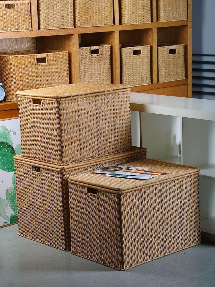사각 수납바구니 뚜껑 수납함 팬트리 보관함 빨래 대형 브라운44 x 30 x 29cm 인조 라탄 - 상세 이미지 4