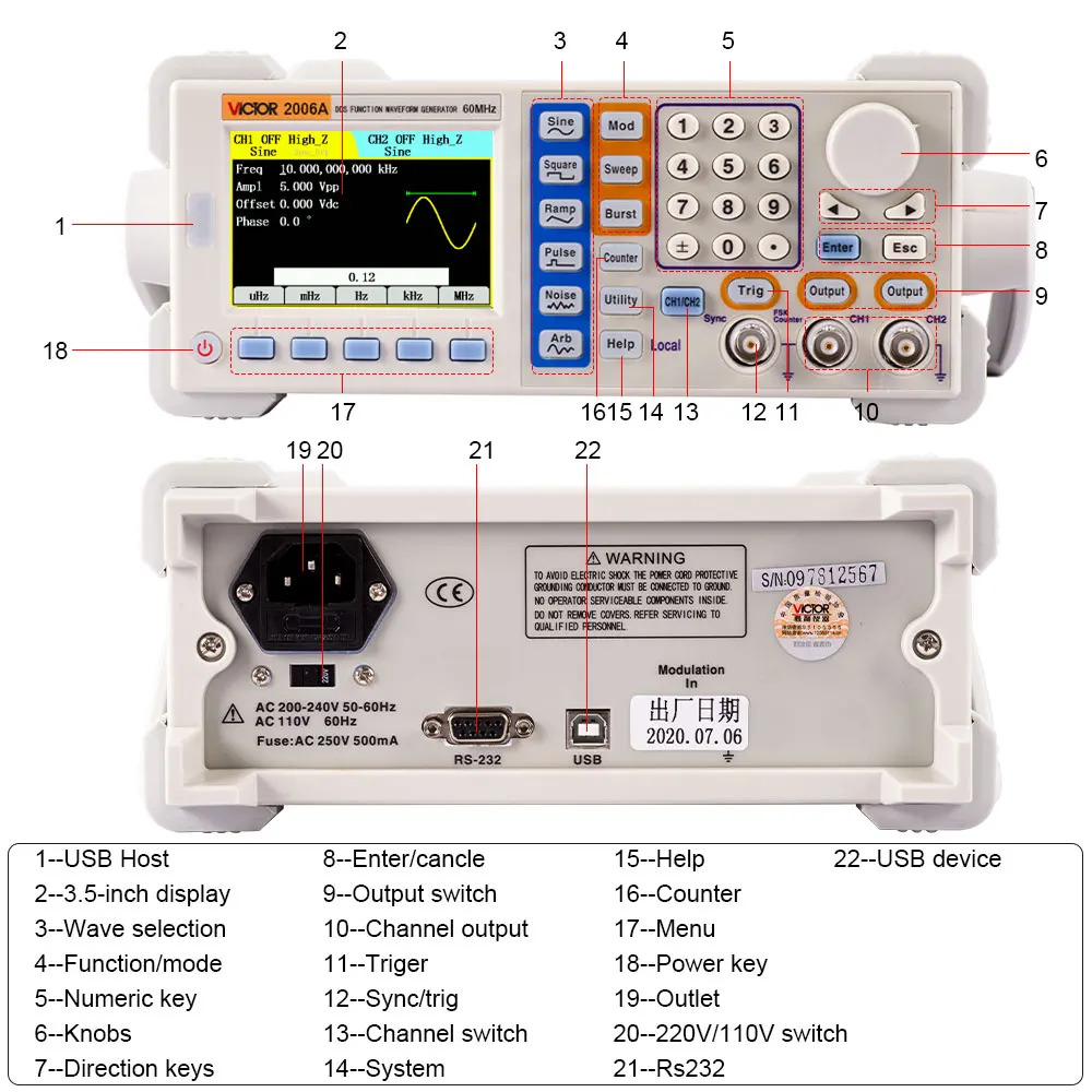 VICTOR 2006A 신 주파수 200MSa/s 사인파 60MHz DDS 신호 함수 발생기