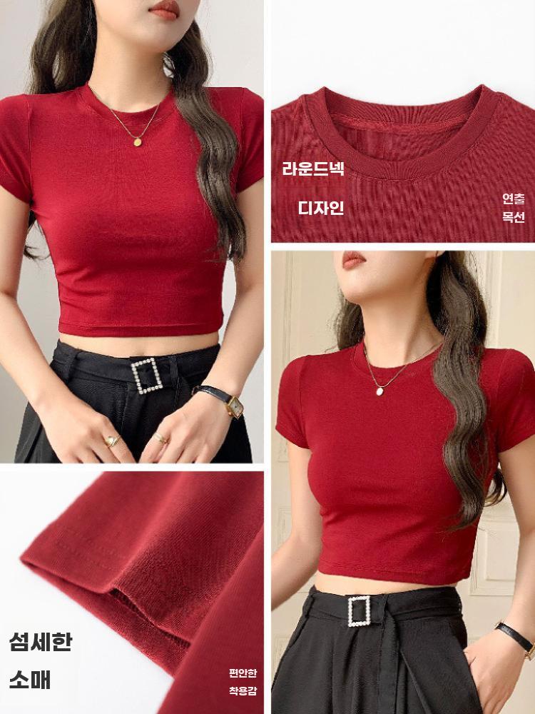 레드 크롭 슬림핏 반팔 티셔츠 여름 신상 탑 슬림 - 상세 이미지 4