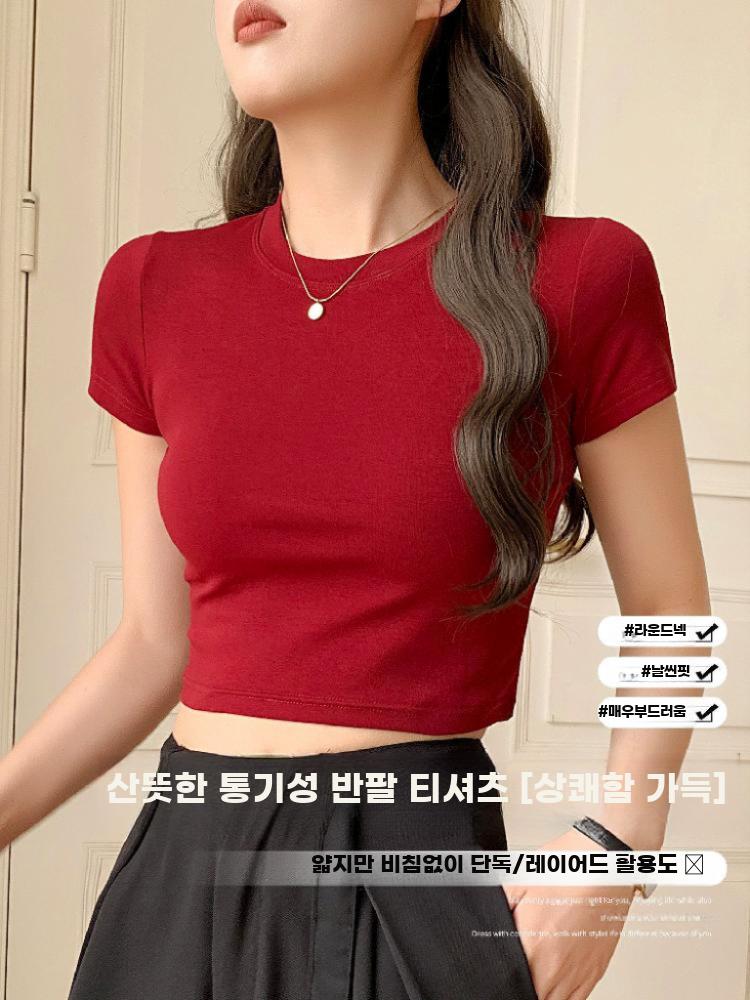 레드 크롭 슬림핏 반팔 티셔츠 여름 신상 탑 슬림 - 상세 이미지 2