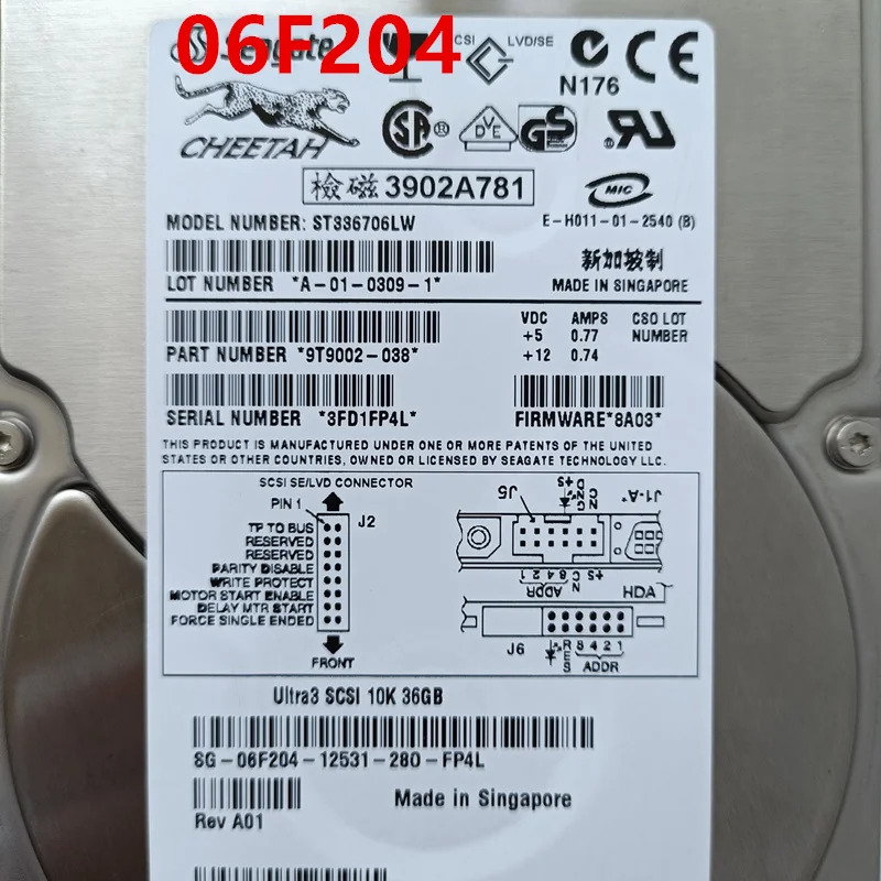 DELL 36GB 68핀 SCSI 3.5인치 10K 16MB 하드 드라이브 06F204 ST거새 오리지널 336706 LW