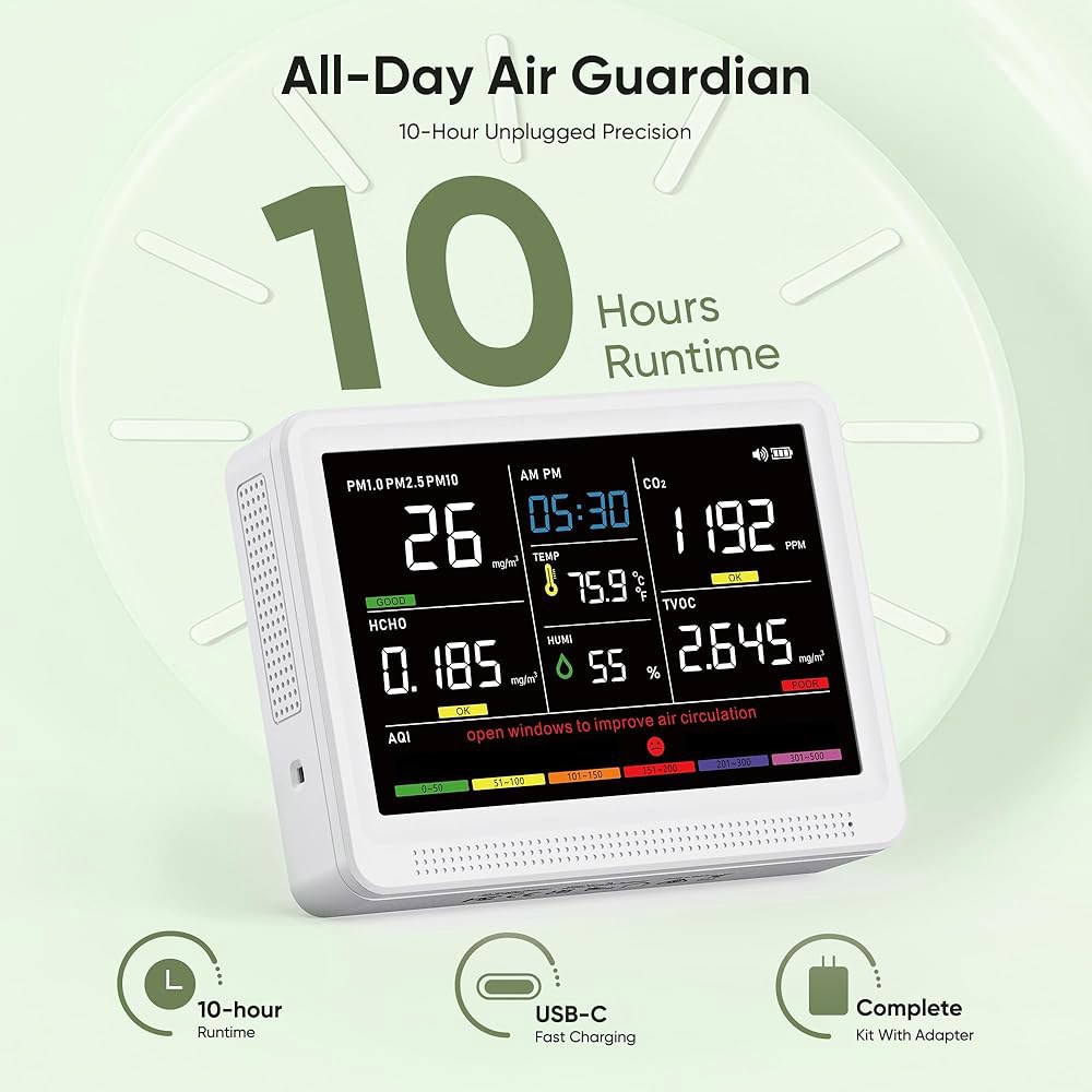 보녹 16 in 1 공기질 모니터 실내 10시간 배터리 및 5.5인치 디스플레이 9 AQI +7 경고, CO2 모니터, 테스트기, TVOC PM2.5 PM1.0 PM10 HCHO - 상세 이미지 3