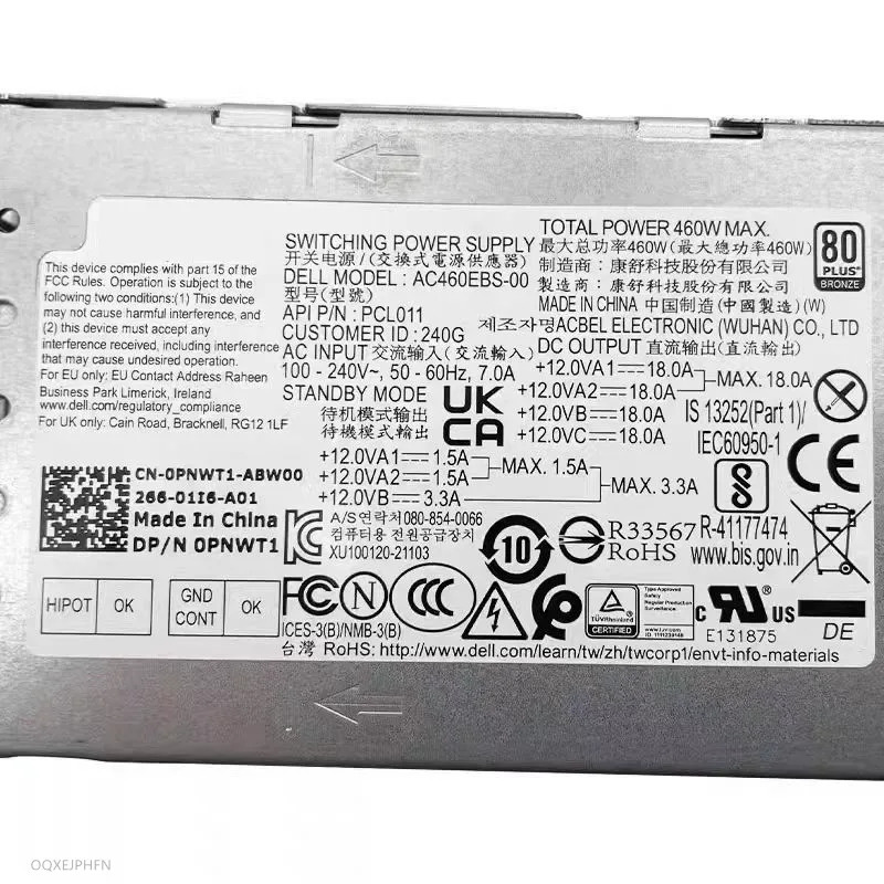 DELL XPS8950 T3660 7000MT 5000MT 8Pin 460W 전원공급장치 AC460EBS-00 0PNWT1 PNWT1 PCL011 새 원본