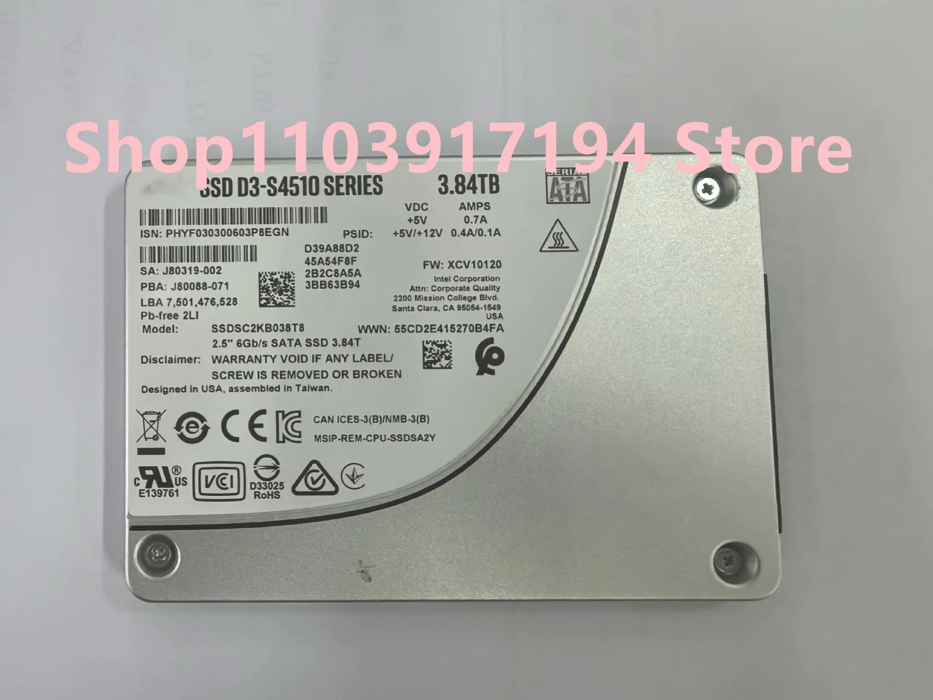 SSD D3-S4510 시리즈 3.84T 솔리드 스테이트 서버 엔터프라이즈 SSDSC2KB038T8용
