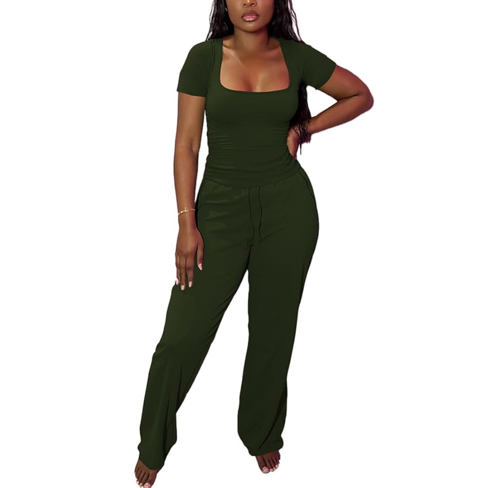 의상 스퀘어넥 반소매 상의 와이드 아미 XXL 레그 트랙수트 라운지 세트, 그린., 팬츠 Army Green Small - 상세 이미지 3