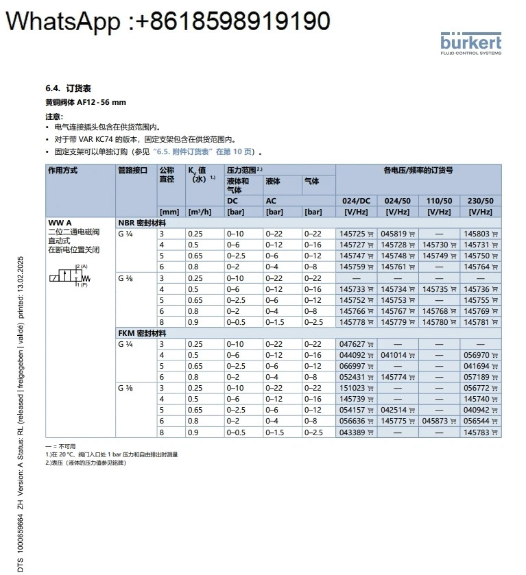 0256 A 12.0 NBR MS G1/2 솔레노이드 밸브 직동식 24V DC 230V