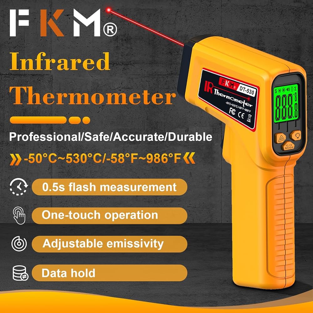 FKM 적외선 온도계 건 비접촉 온도계, -58 F~986 F(-50 C~530 C) 조절 가능, 산업용 디지털 건, 주방 조리용, 오븐, 자동차용, HVAC, 인체용이 아님 - 상세 이미지 2