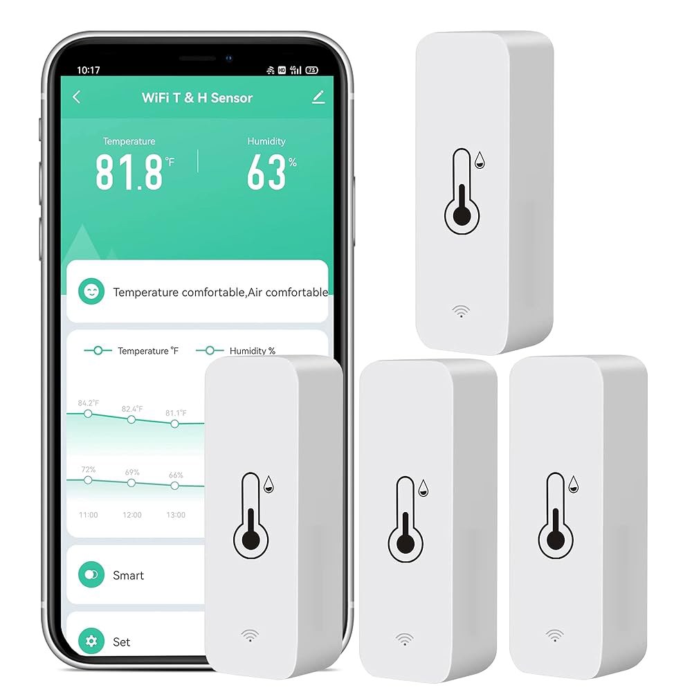 4팩 WiFi 온도 습도 센서 앱 알림 기능이 있는 무선 모니터, 무료 데이터 저장 내보내기, 알렉사 구글 어시스턴트와 호환되는 스마트 실내 온도계 습도계 4-Pack - 상품 이미지
