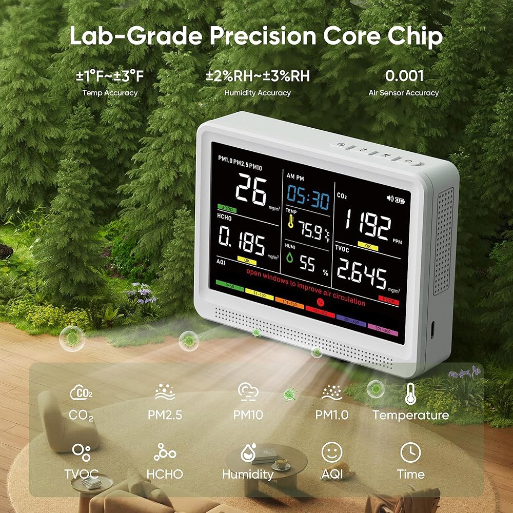 보녹 16 in 1 공기질 모니터 실내 10시간 배터리 및 5.5인치 디스플레이 9 AQI +7 경고, CO2 모니터, 테스트기, TVOC PM2.5 PM1.0 PM10 HCHO - 상세 이미지 2