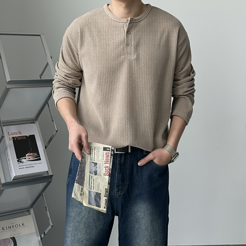 피케 티셔츠 구김없는 오버핏 남자 긴팔티 헨리넥 단추 티셔츠 - 상세 이미지 4