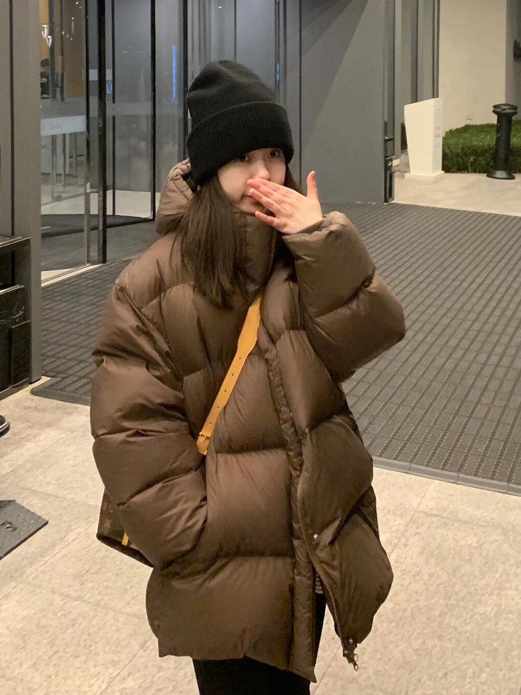 여성 하프 패딩 아우터 오버핏 구스다운 중기장 방한 - 상세 이미지 2