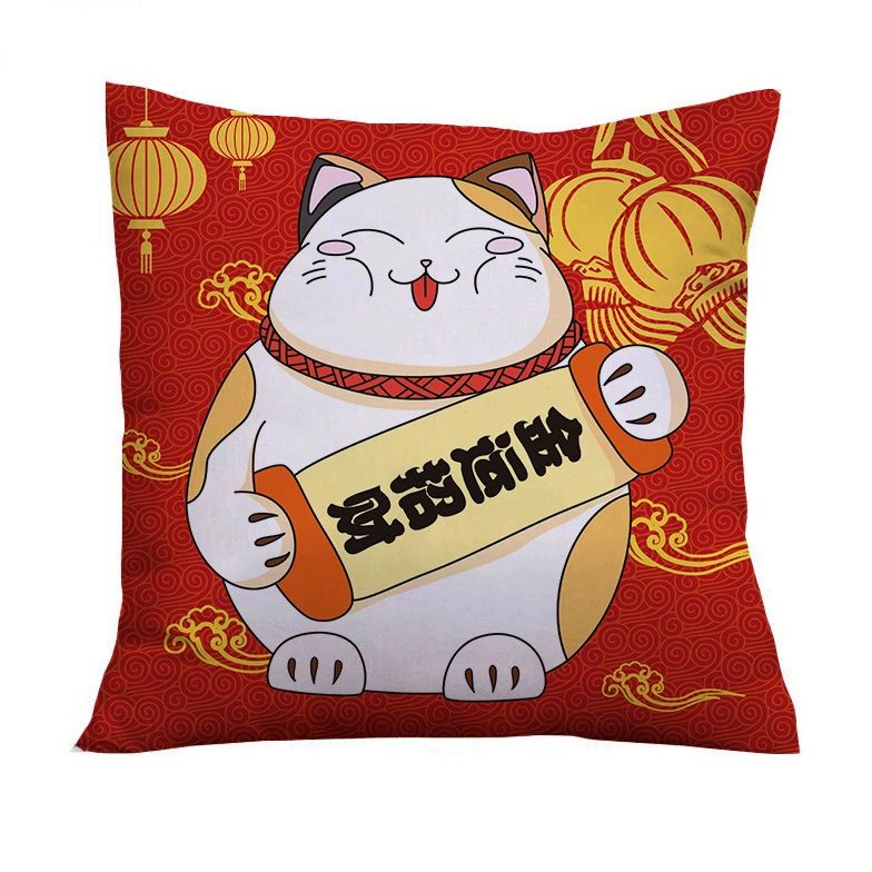 일본식 쿠션 마네키네코 행운 고양이 축복 베개 양면 사각형 커버 1 40 x 40cm 베개 커버 - 상세 이미지 4
