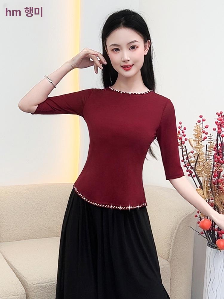 라인댄스 세트 나비 디자인 대회용 무대 의상 큐빅 장식 미드슬리브 퍼플 m - 상세 이미지 5