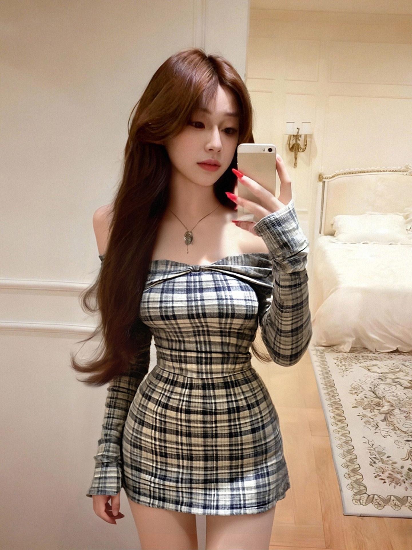 프렌치 오프숄더 체크  레트로 스타일 - 상품 이미지