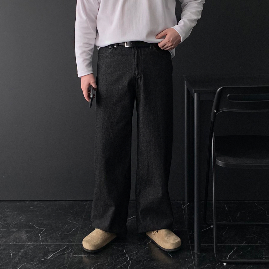 남자생지데님 일자 와이드 흑청 청바지 블랙진 - 상세 이미지 4