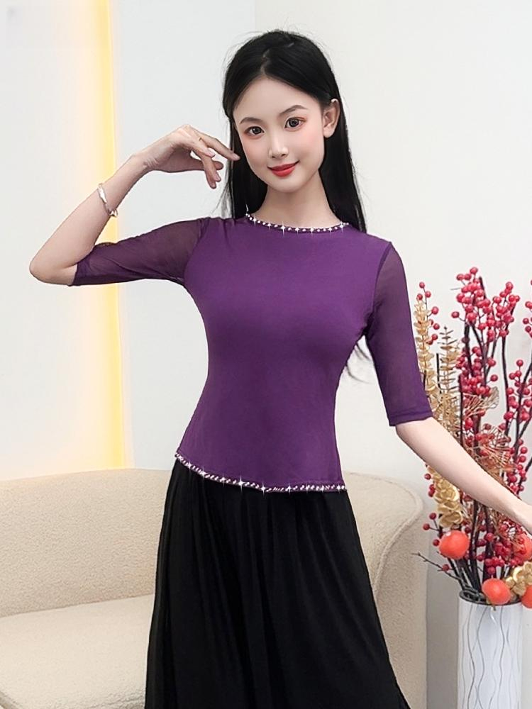 라인댄스 세트 나비 디자인 대회용 무대 의상 큐빅 장식 미드슬리브 퍼플 m - 상품 이미지