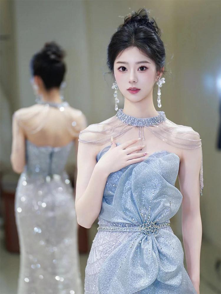 결혼식 2부 드레스 하늘색 꽃 머메이드 피로연 파티룩 - 상품 이미지