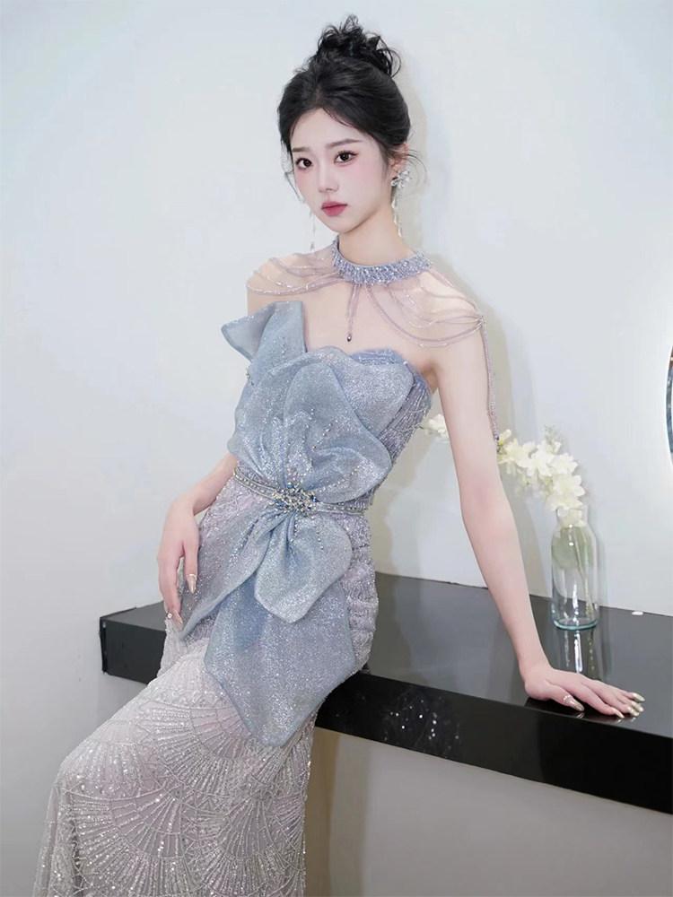 결혼식 2부 드레스 하늘색 꽃 머메이드 피로연 파티룩 - 상세 이미지 4