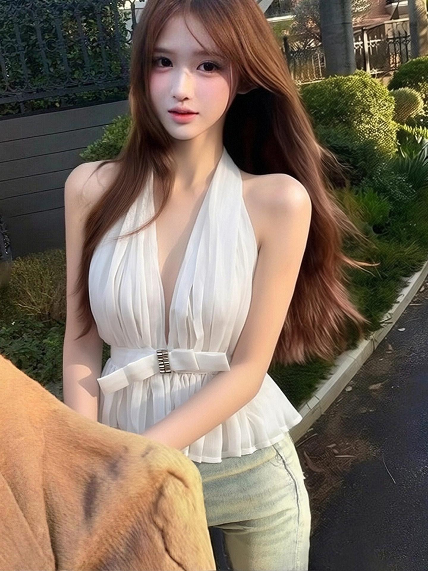 프렌치 스타일 화이트 메쉬 넥타이 상의 여성용 - 상세 이미지 4