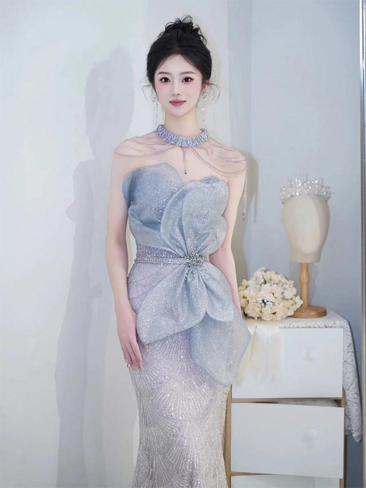 결혼식 2부 드레스 하늘색 꽃 머메이드 피로연 파티룩 - 상세 이미지 3