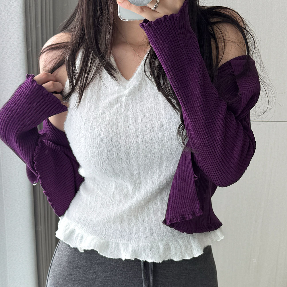 봄가디건 단추 골지 물결 프릴 가디건 이미지 6