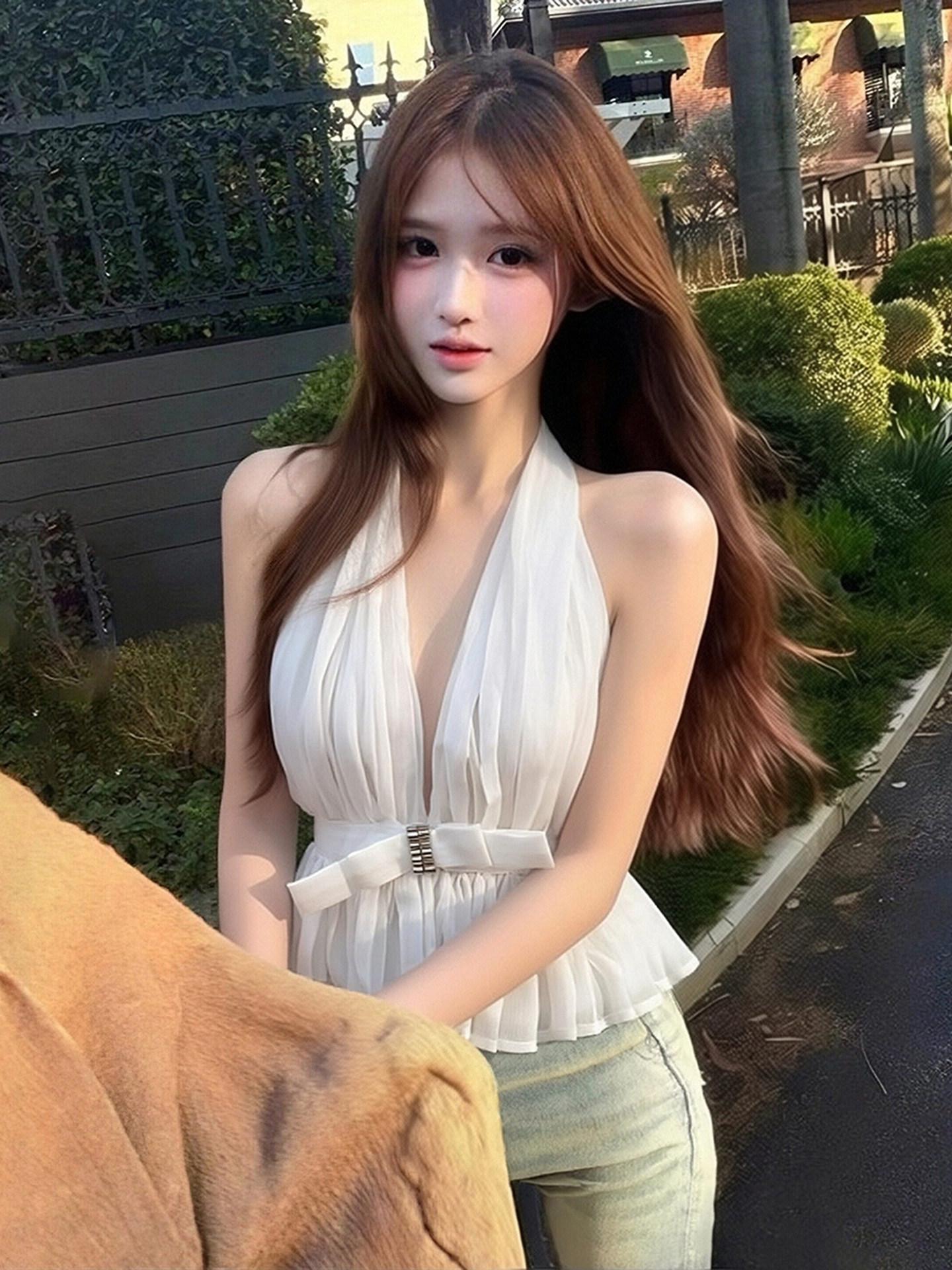 프렌치 스타일 화이트 메쉬 넥타이 상의 여성용 - 상세 이미지 2