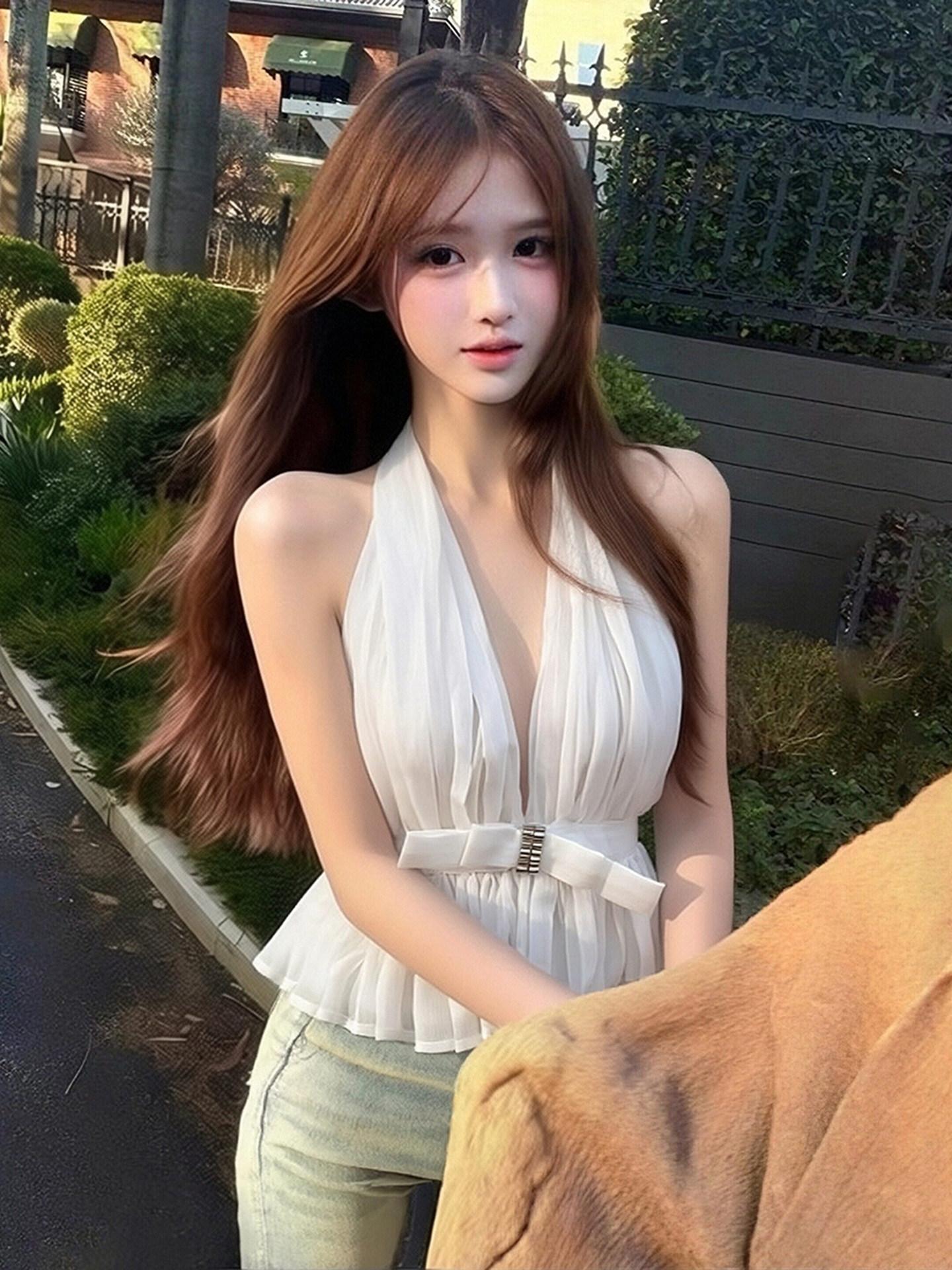 프렌치 스타일 화이트 메쉬 넥타이 상의  여성용 - 상품 이미지