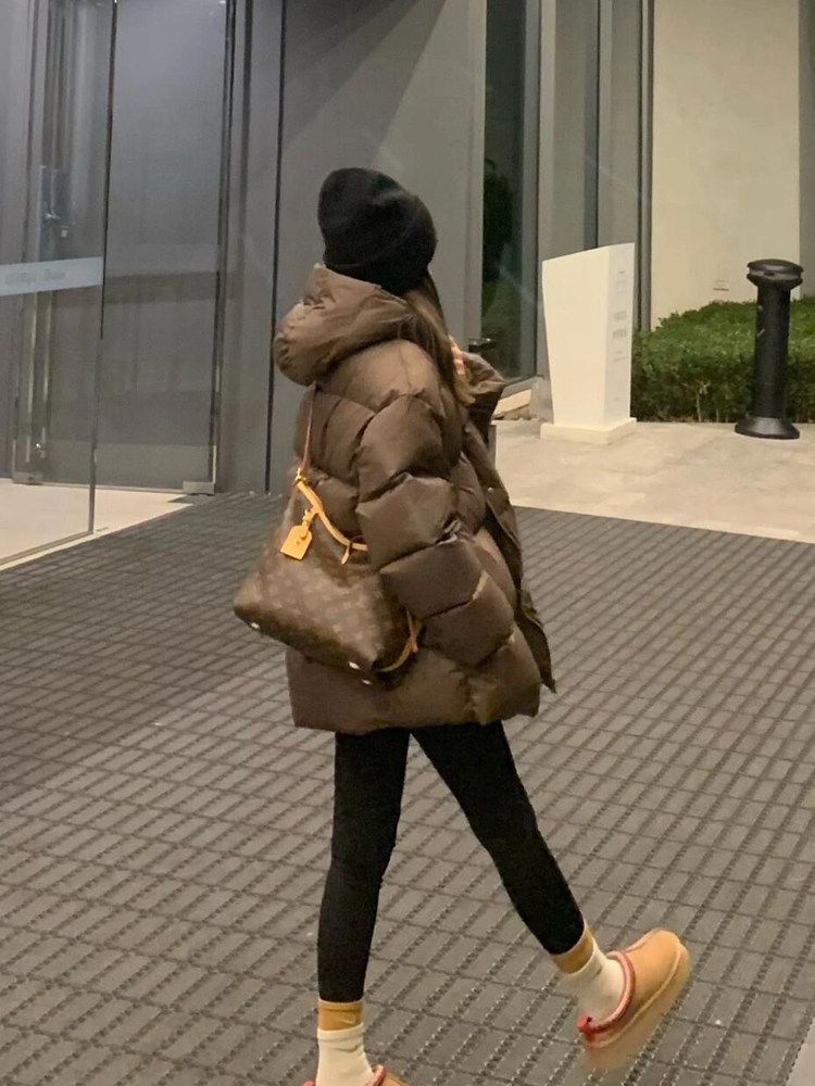 여성 하프 패딩 아우터 오버핏 구스다운 중기장 방한 - 상세 이미지 5