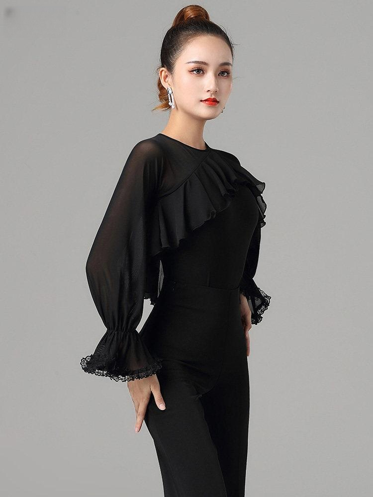 상의 라틴댄스 연습용 우아한 블라우스 무대 의상 시스루 스몰 라운드넥 러플 퍼프소매 원피스 M - 상품 이미지