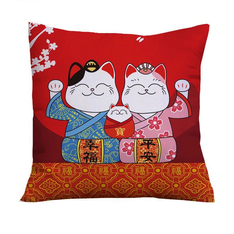 일본식 쿠션 마네키네코 행운 고양이 축복 베개 양면 사각형 커버 1 40 x 40cm 베개 커버 - 상세 이미지 5
