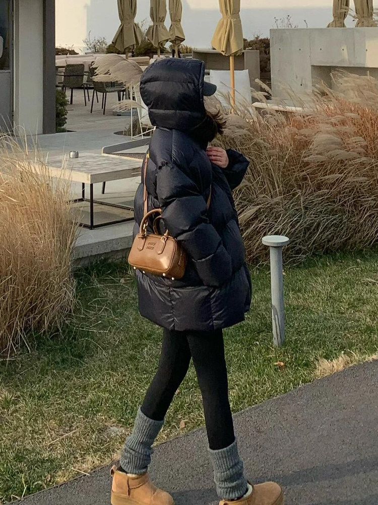 여성 하프 패딩 아우터 오버핏 구스다운 중기장 방한 - 상세 이미지 3