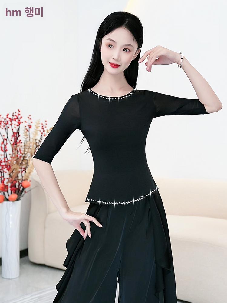 라인댄스 세트 나비 디자인 대회용 무대 의상 큐빅 장식 미드슬리브 퍼플 m - 상세 이미지 4