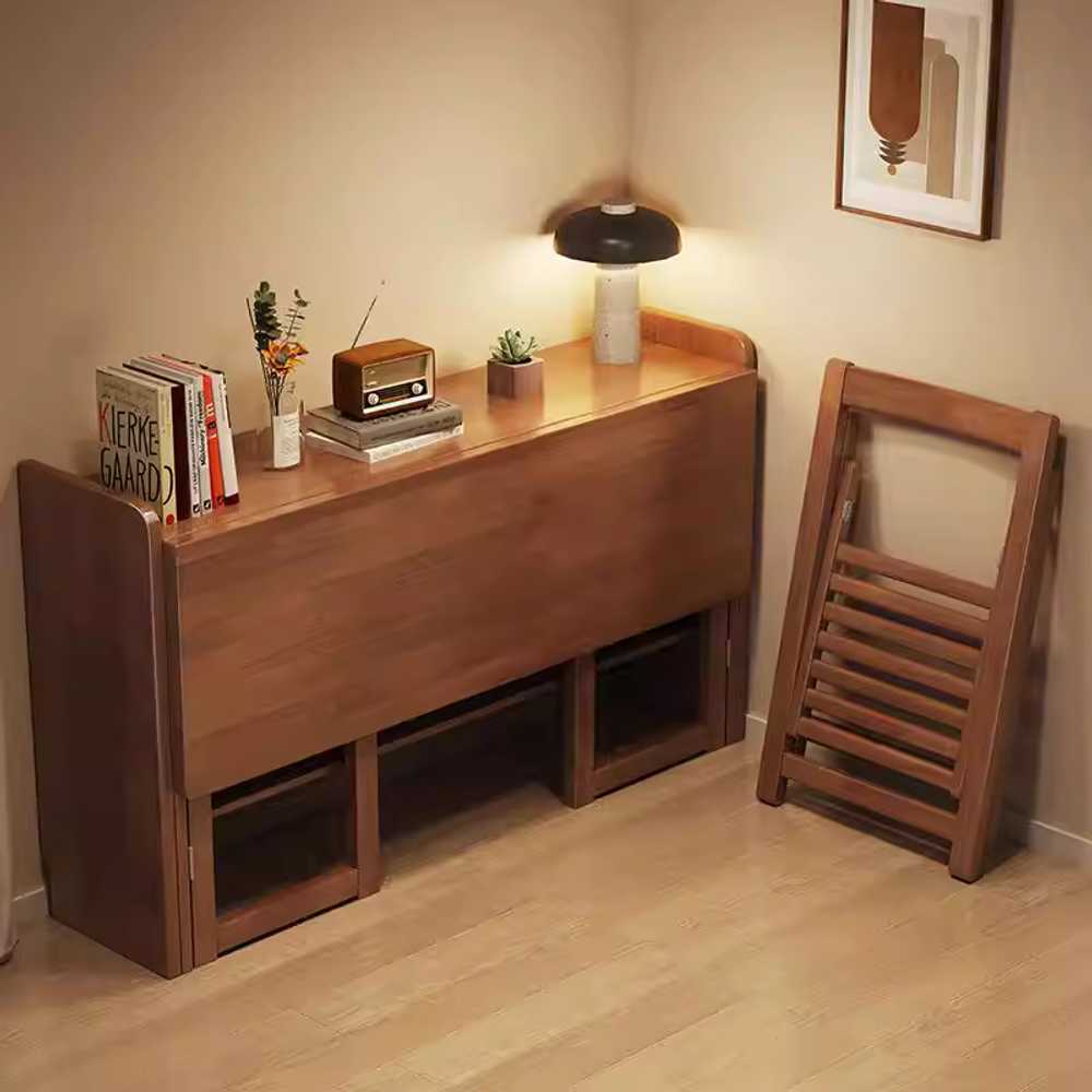 원목 접이식 책상 공부방 좁은공간 서재 공부 선반형 월넛 테이블+의자 80x60x75cm - 상세 이미지 2