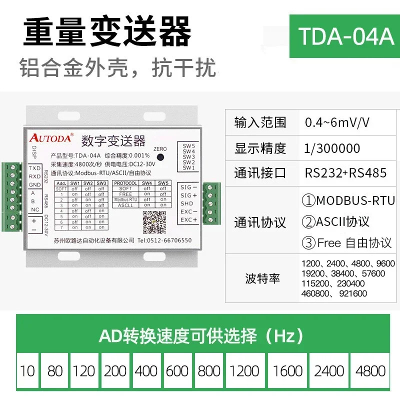 고정밀 계량 디지털 트랜스미터 중량 모듈 밀리볼트 신호 증폭기 RS485 Euroda TDA-04A