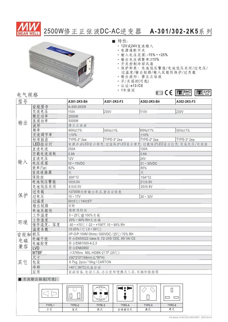대만 Mingwei 스위칭 전원공급장치 보정 사인파 차량 인버터 A301 A302-2K5-B2 F3 1700W