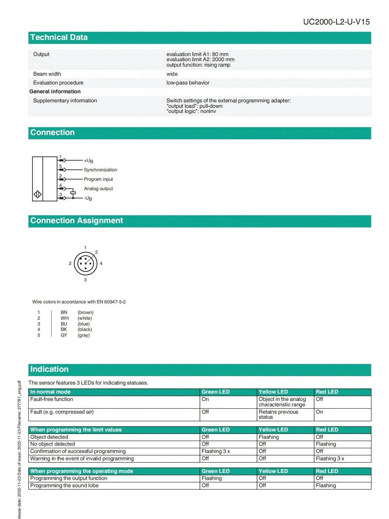 초음파 센서 PF UC2000-L2-U-V15 UC2000-L2-I-V15