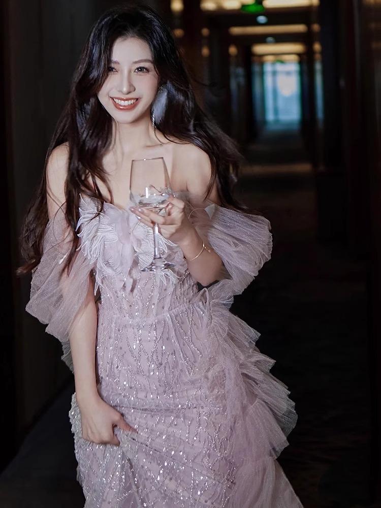 오프숄더웨딩드레스 핑크 결혼식2부드레스 이브닝 파티 - 상세 이미지 2