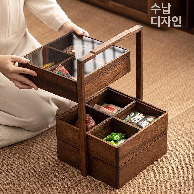 나무 호두나무 도시락 초밥 나무도시락 소풍 우드 바구니 호두나무 손잡이 수납함 3단 - 상세 이미지 2