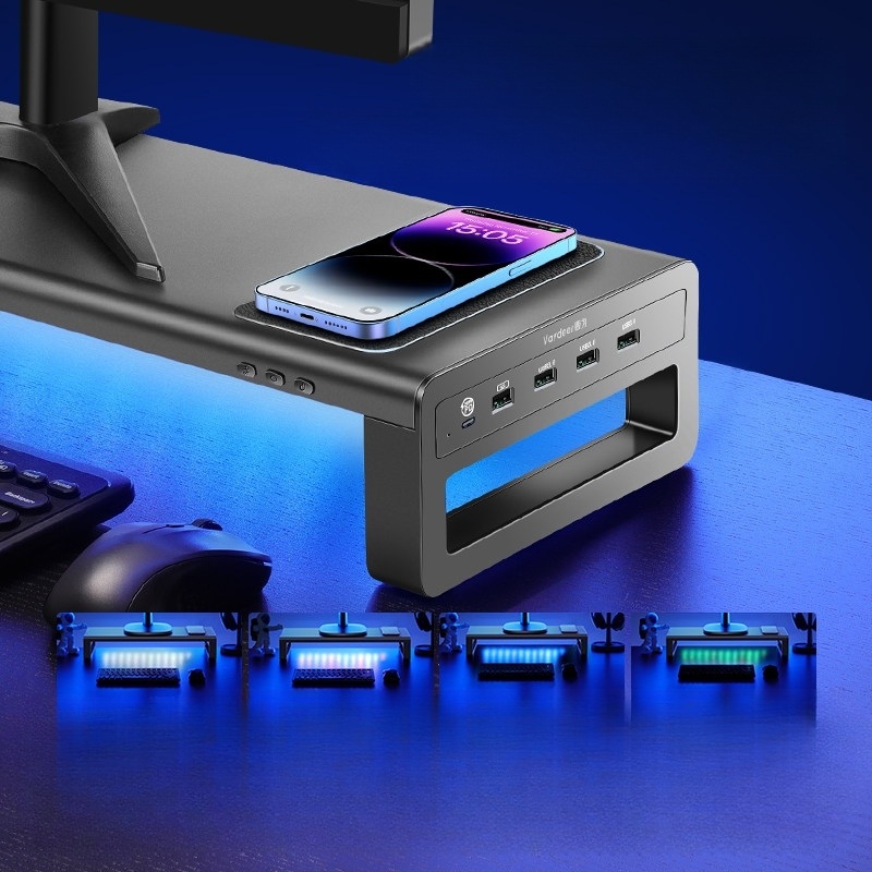 충전식 모니터선반 usb 허브 알루미늄합금 2단 블랙 컴퓨터모니터 TV받침대 - 상세 이미지 3